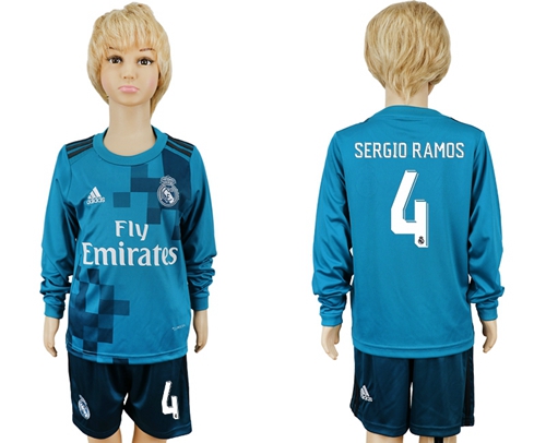 Real Madrid #4 Sergio Ramos Sec Away Long Sleeves Kid Soccer Club Jersey